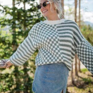 Olive Striped and Checkered Sweater - S